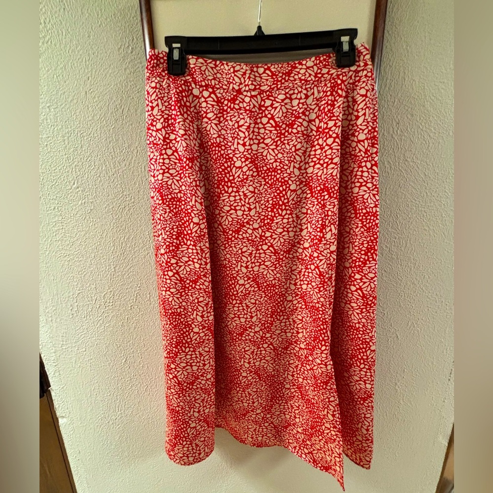 LOFT Red and White Asymmetrical Midi Skirt